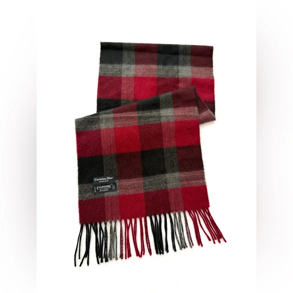 Christian Dior Monsieur Plaid Fringe Red Cashmere 100% Acrylic Scarf